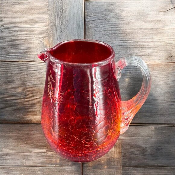 1960s Crackle Glass Small Pitcher Creamer Amberina UV Glowing Glass Clear Handle - Picture 2 of 13